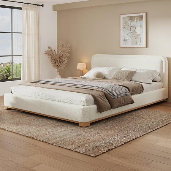 Christopher Knight Home Modern Queen Size Bed Frame with Curved Headboard and Boucle Upholstered, White