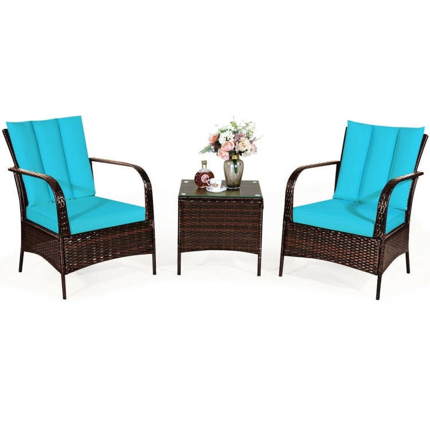 Aimee Lii 3 Pcs Patio Conversation Rattan Furniture Set, Small Patio Set with Glass Top Coffee Table and Cushions, Turquoise