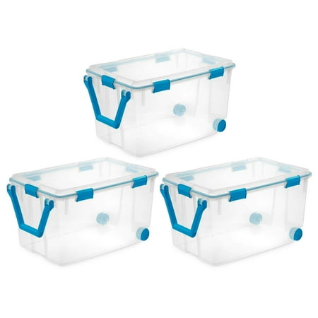 Sterilite 120-Qt Clear Plastic Wheeled Storage w/Gasket Latch Lid, (3 Pack)