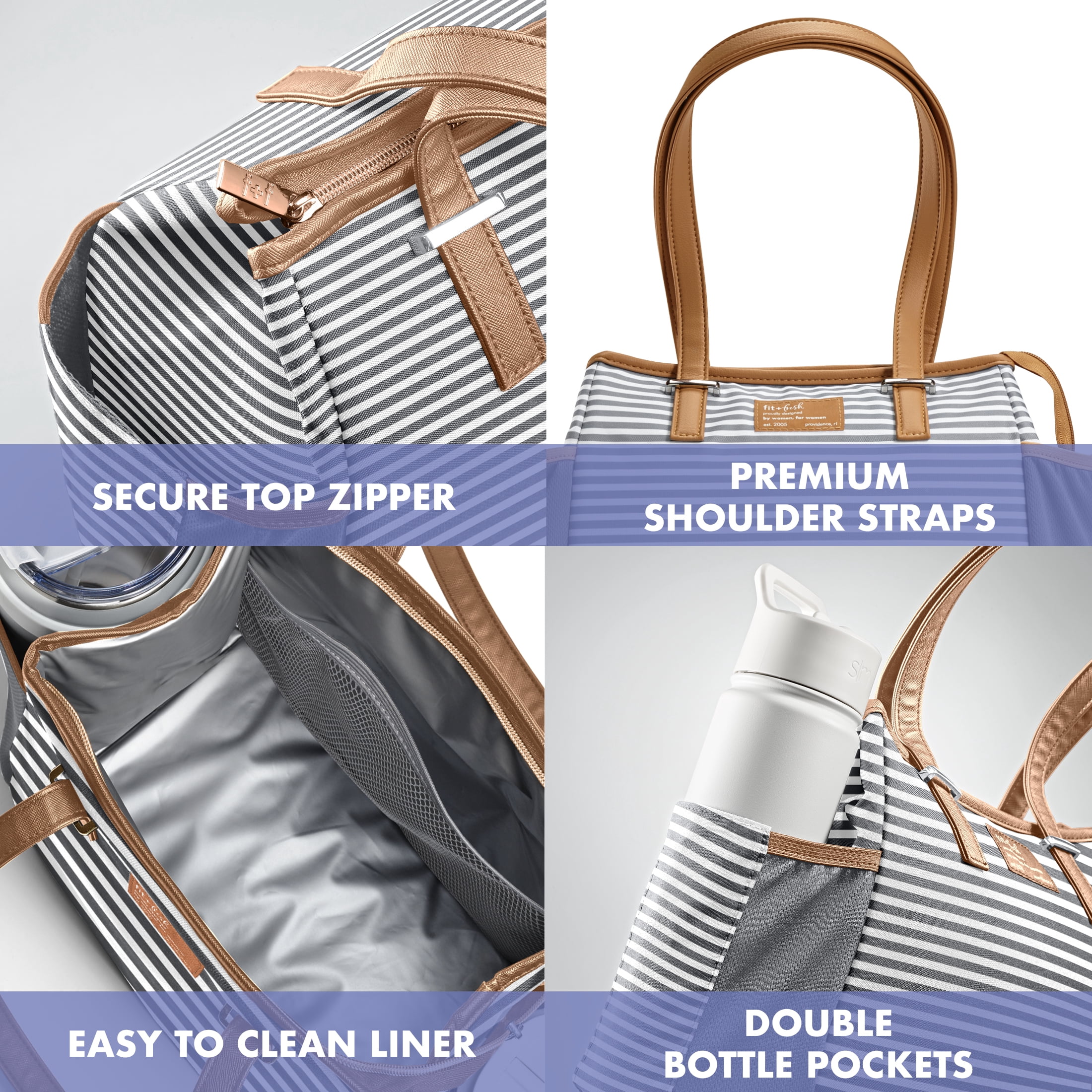 Fit & Fresh Copley Large Reusable Insulated Lunch Bag for Women with XL Slim Ice, in Thin Gray Stripe