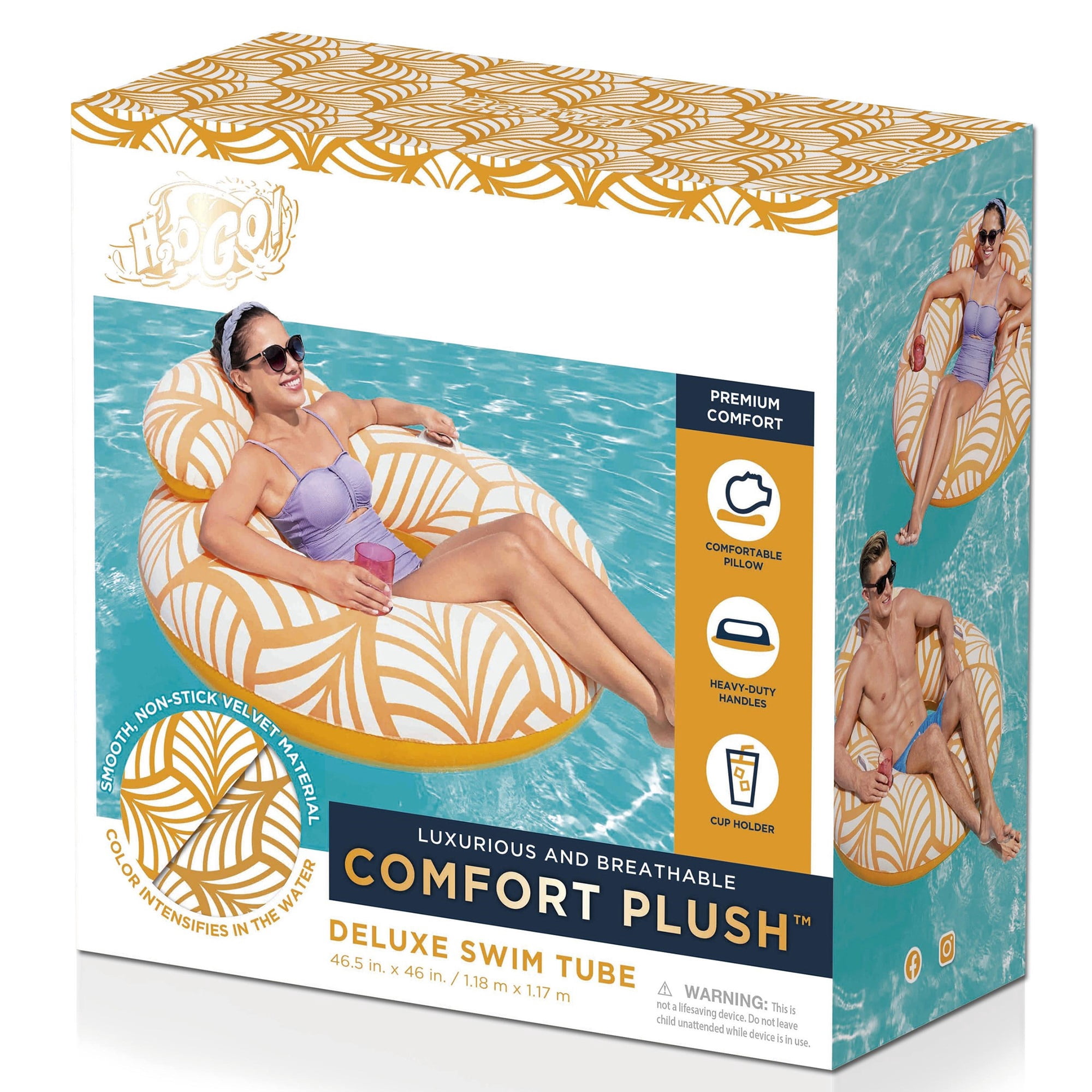 H2OGO! Comfort Plush Deluxe Swim Tube 46.5" x 46"  - Bestway,  Yellow & White, Inflatable Water Float, Built-In Cupholder,, Comfortable Pillow, 2 Way Valve Easy Inflate & Deflate