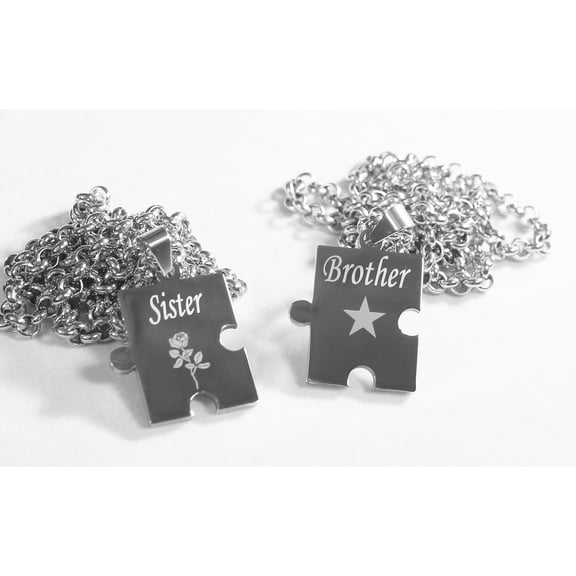 BROTHER SISTER PUZZLE PIECE X2 TAGS, SOLID STAINLESS STEEL ROLO CHAIN NECKLACE