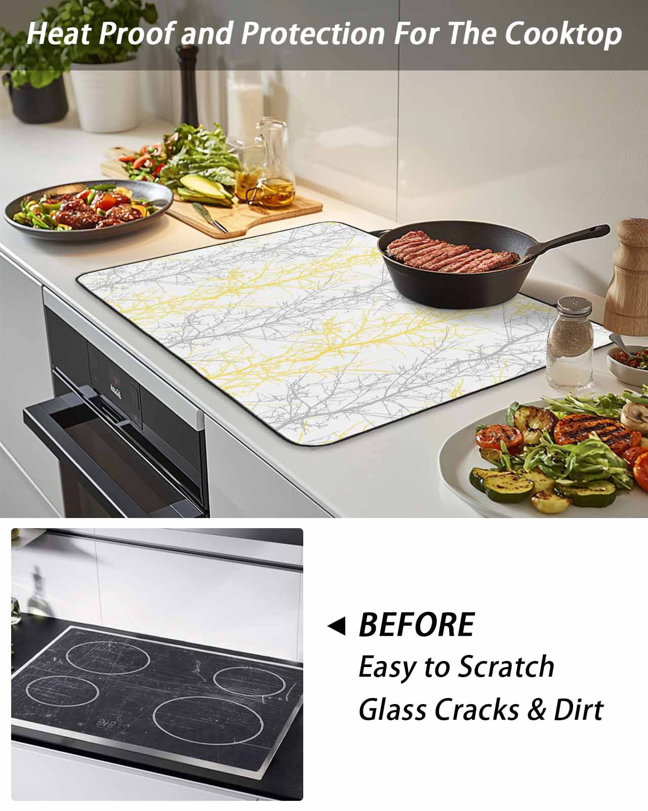 Stove Top Covers for Electric Stove, Yellow Gray Glass Stovetop Cover Protector, Pastoral Botanical Branch Aesthetics Induction Cooktop Protector Oven Mat for Kitchen Countertop 24"x21"