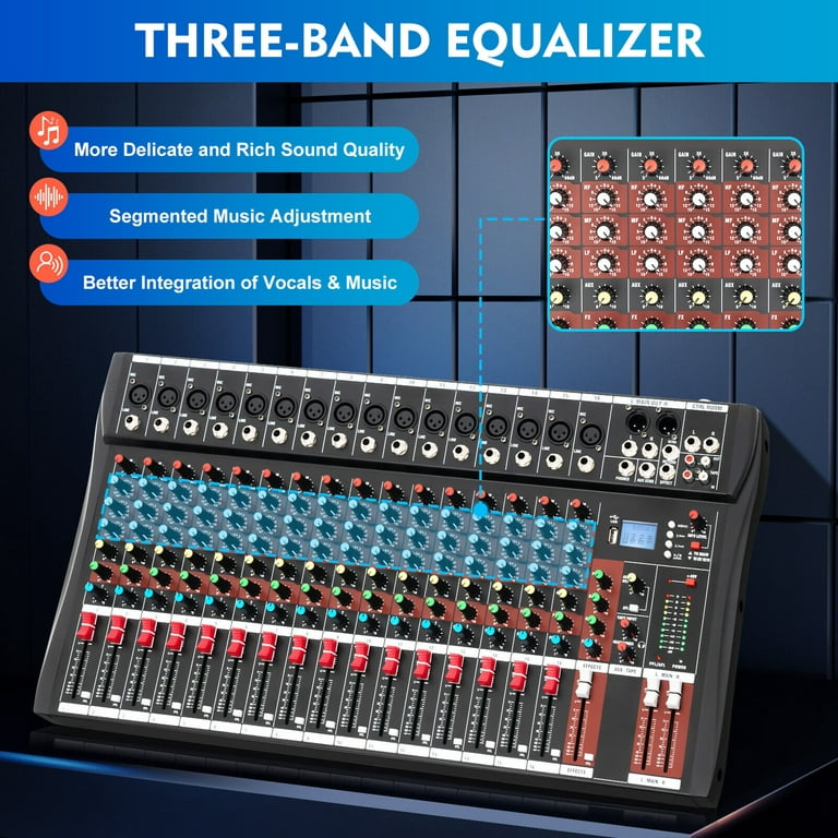 16-Channel Audio Mixer - Bluetooth USB, Integrated Effects & DJ  Functionality - Perfect for Computer Recording - Complete with Sound Board,  RCA I/O 