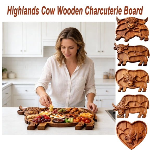 Highland Cow Wooden Charcuterie Board, Cute Cow Shaped Serving Tray and Cheese Platter, Rustic Farmhouse Highland Cattle Style Board, Unique Animal Shaped Appetizer Platter for Meat Cheese, HAODEJW