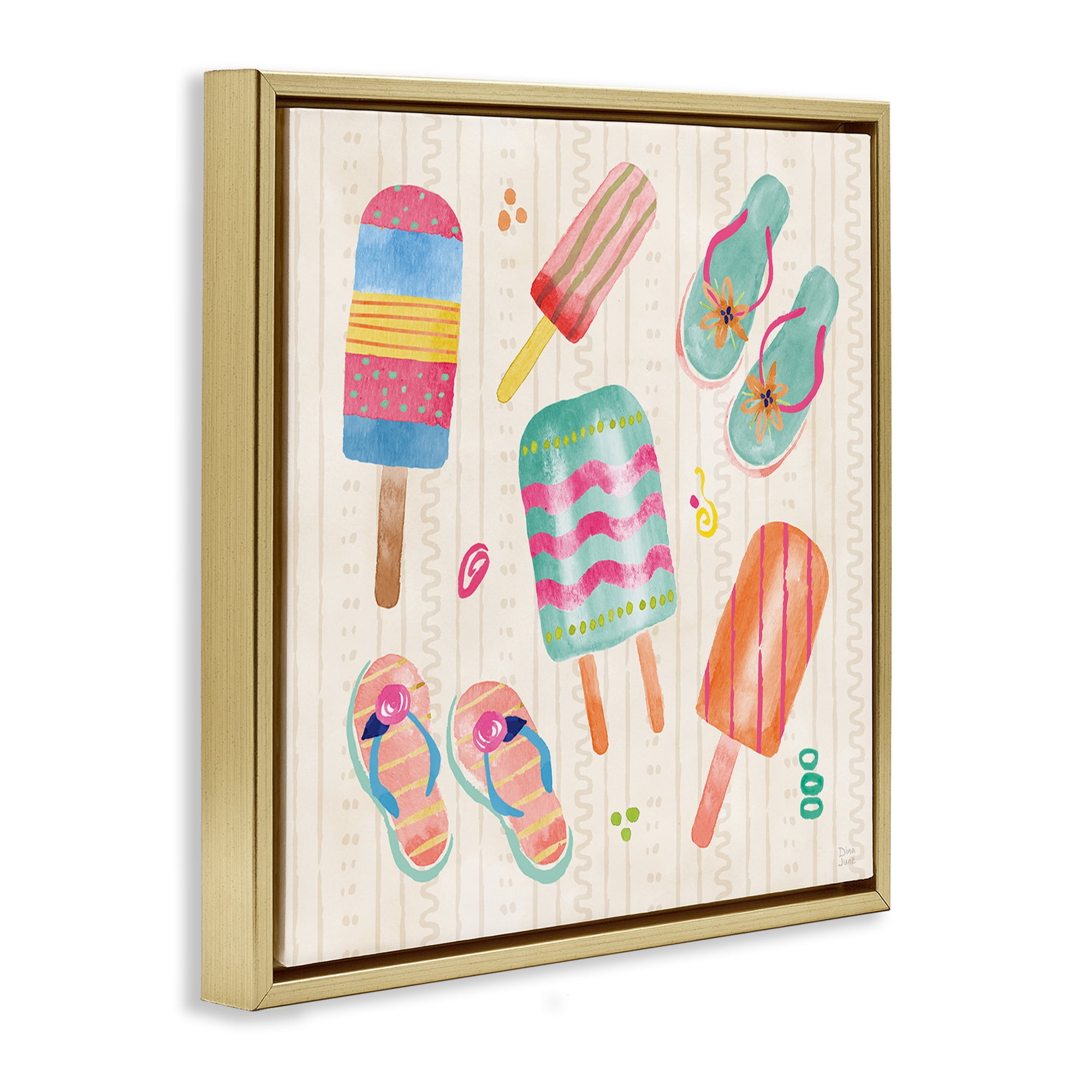 Stupell Industries Summer Popsicles & Sandals Gold Framed Floater Canvas Wall Art, design by Dina June