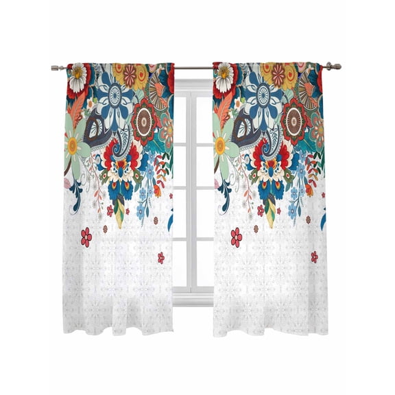 Bohemian Floral Curtains 72 Inch Length, Sheer Curtains for Bedroom Living Room Window Retro Abstract Flowers Boho Ethnic Rod Pocket Voile Drapes Kitchen Curtains Small Half Window 52"x72" 2 Panels