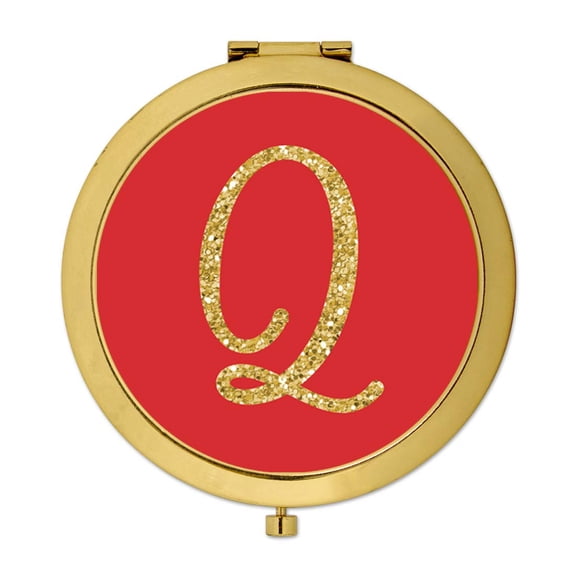 Koyal Wholesale Gold Compact Mirror Bridesmaid's Wedding Gift, Red with Faux Gold Glitter, Monogram Letter Q, 1-Pack