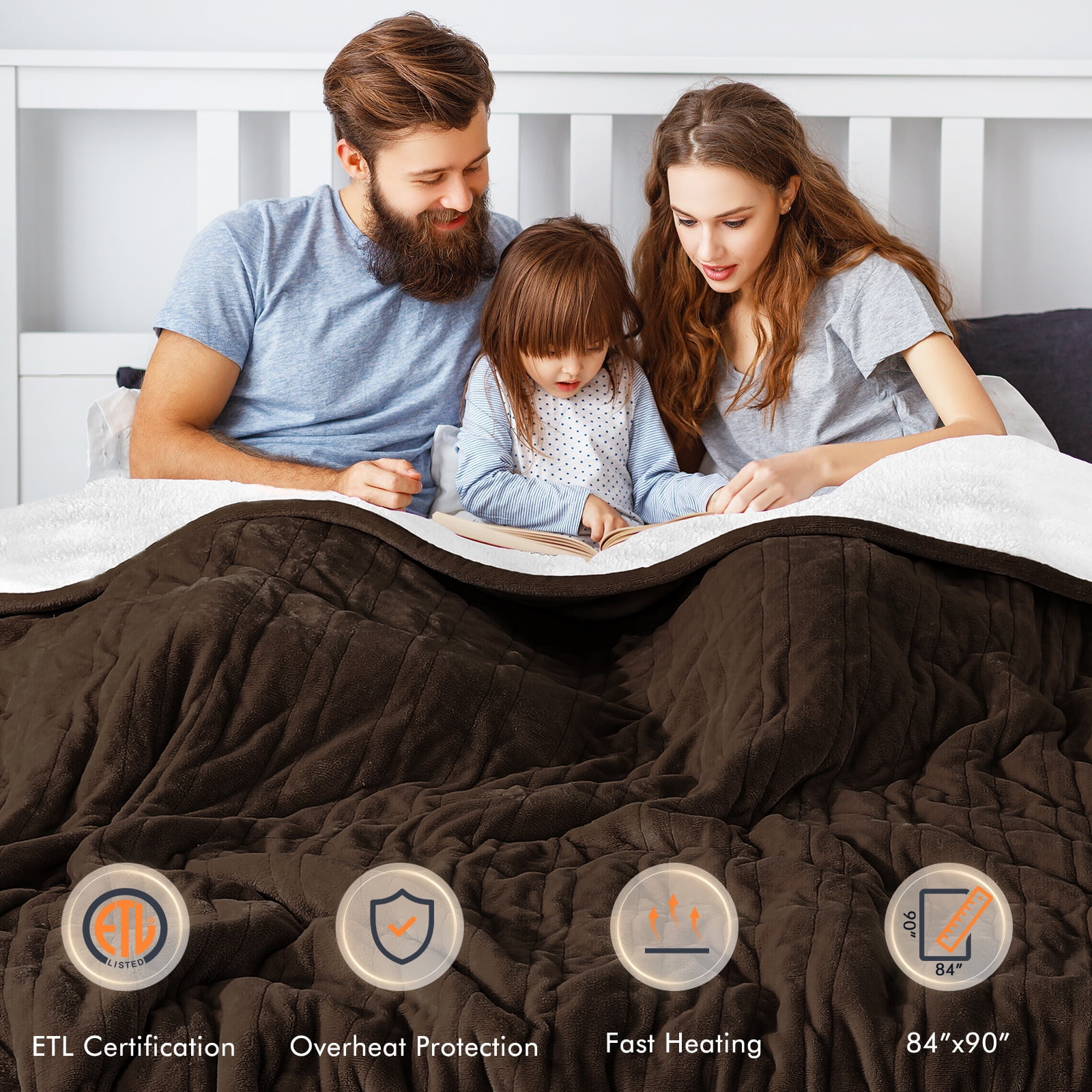 MARNUR Heated Blanket Queen Size 84''x90'', Fast Heating with Dual Controllers Electric Blanket, 10 Heating Levels, 10H Timer, Preheat Function - Brown