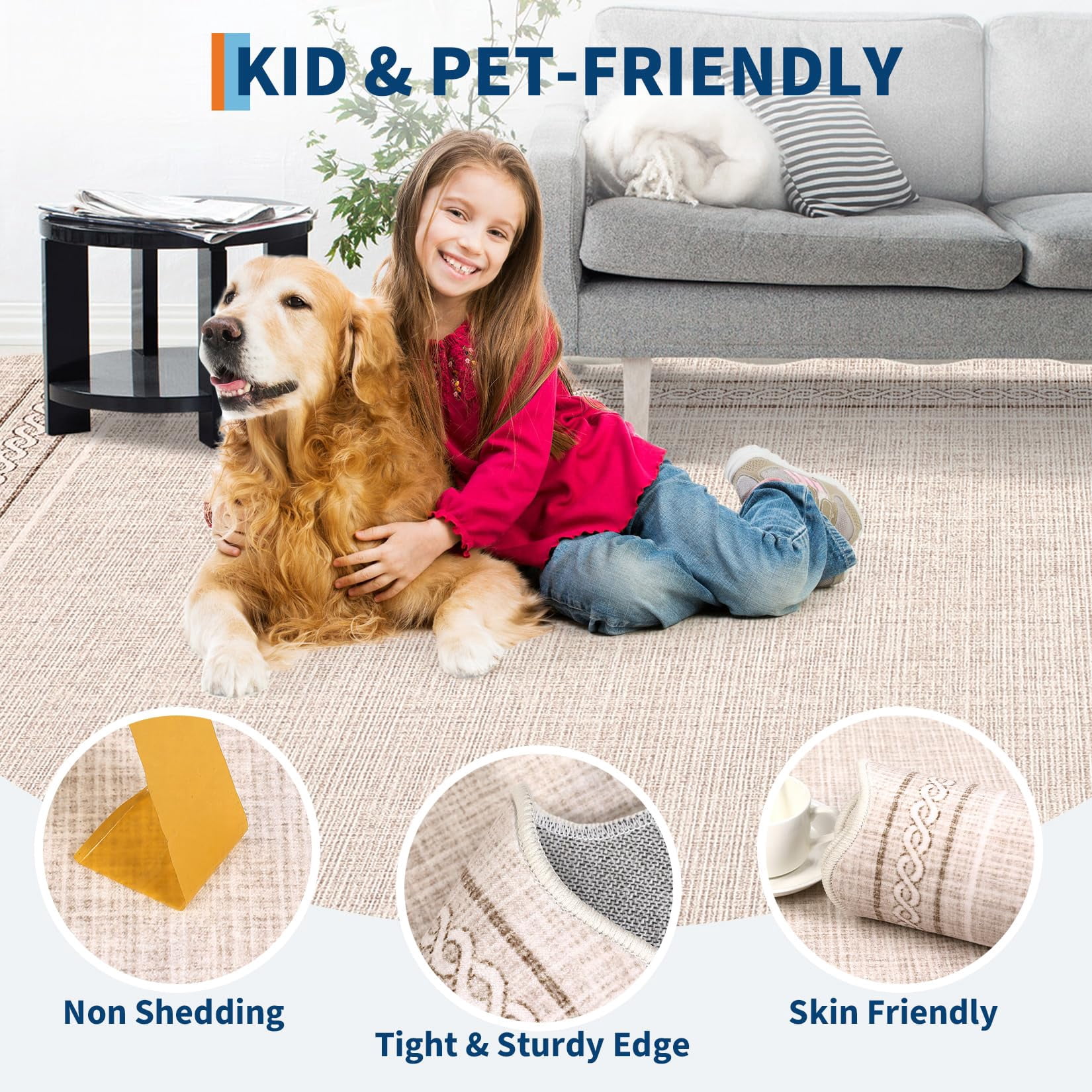 10*14FT Scalloped Large Washable 10x14 Area Rug for Living Room Beige Neutral Non Slip Soft Bedroom Rugs Large Low Pile Foldable tain Resistant Carpet for Nursery Dining Room Classroom, Beige Beige