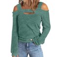 thumbnail image 4 of Long Sleeve Shirts Women Sweater Tops Cold Shoulder Blouses Solid Color Slim Fit Tee Casual Pullover Hoodie (Green 2XL), 4 of 5