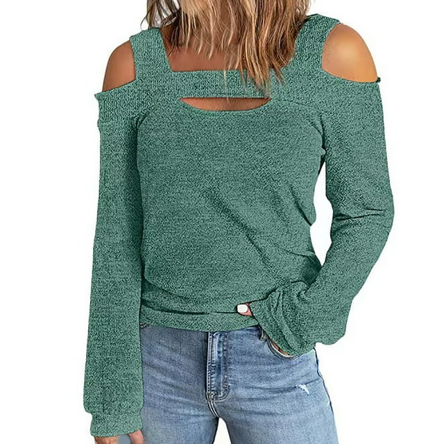IROINID Clearance Ladies Long Sleeve T Shirts Causal Round Neck Leaky Shoulder Lightweight Sweatshirts Solid Color Hedging Tops,Green