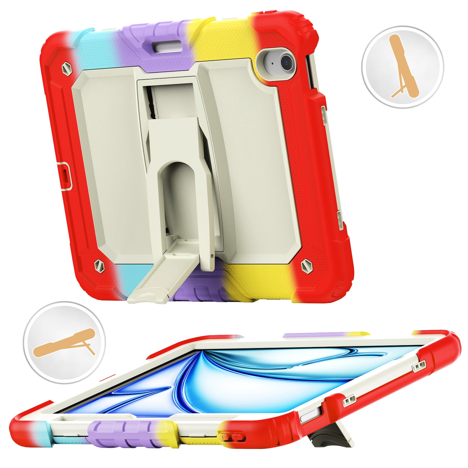 Rugged Case For Apple iPad Air 11 (2024) – 3-Layer Protection Shockproof Stand Cover with Screen Protector, Adjustable Stand, Shoulder Strap, & Pencil Holder -- Colorful Red