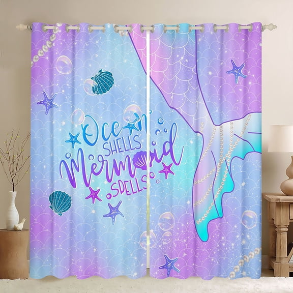 Homewish Marine Mermaid Black Out Curtains for Kids Teens Girls,Ocean Sea Princess Curtains Pack of 2 (42x63 Each),Blue Purple Gradient Bedroom Curtains,Ultra Soft Home Decor