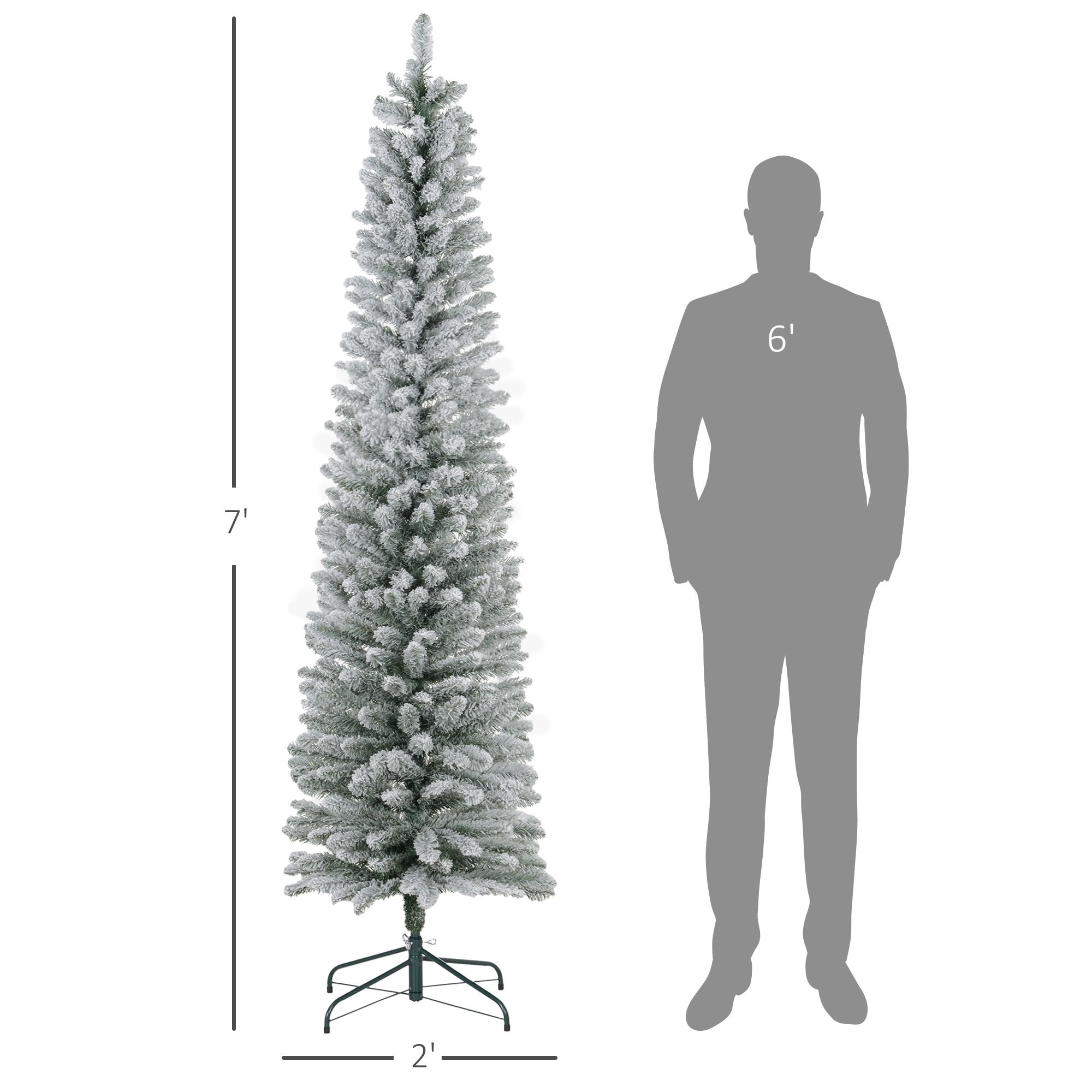 7 ft Artificial Christmas Tree with Snow Flocked Branches, Pencil Shape, Metal Base, 405 Tips, Indoor Holiday Decor