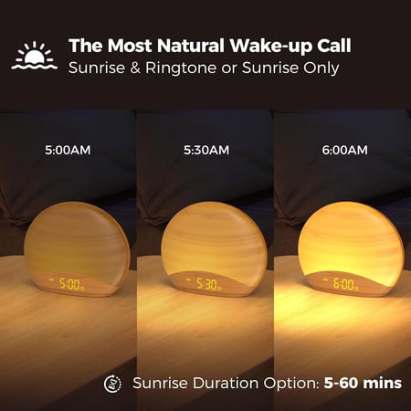 Natural Wood Grain Sunrise Alarm Clock with 26 Sleep Sounds, Dimmable LED Display & Night Light for