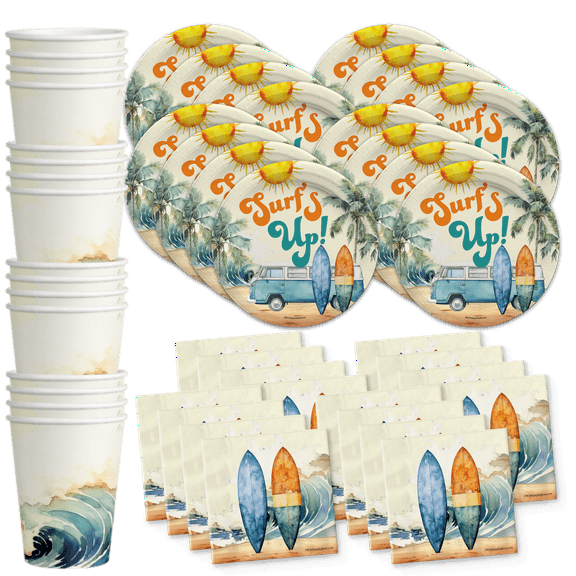 Surfs Up Birthday Party Supplies Tableware Set Includes Plates Napkins Cups - Kit for 16