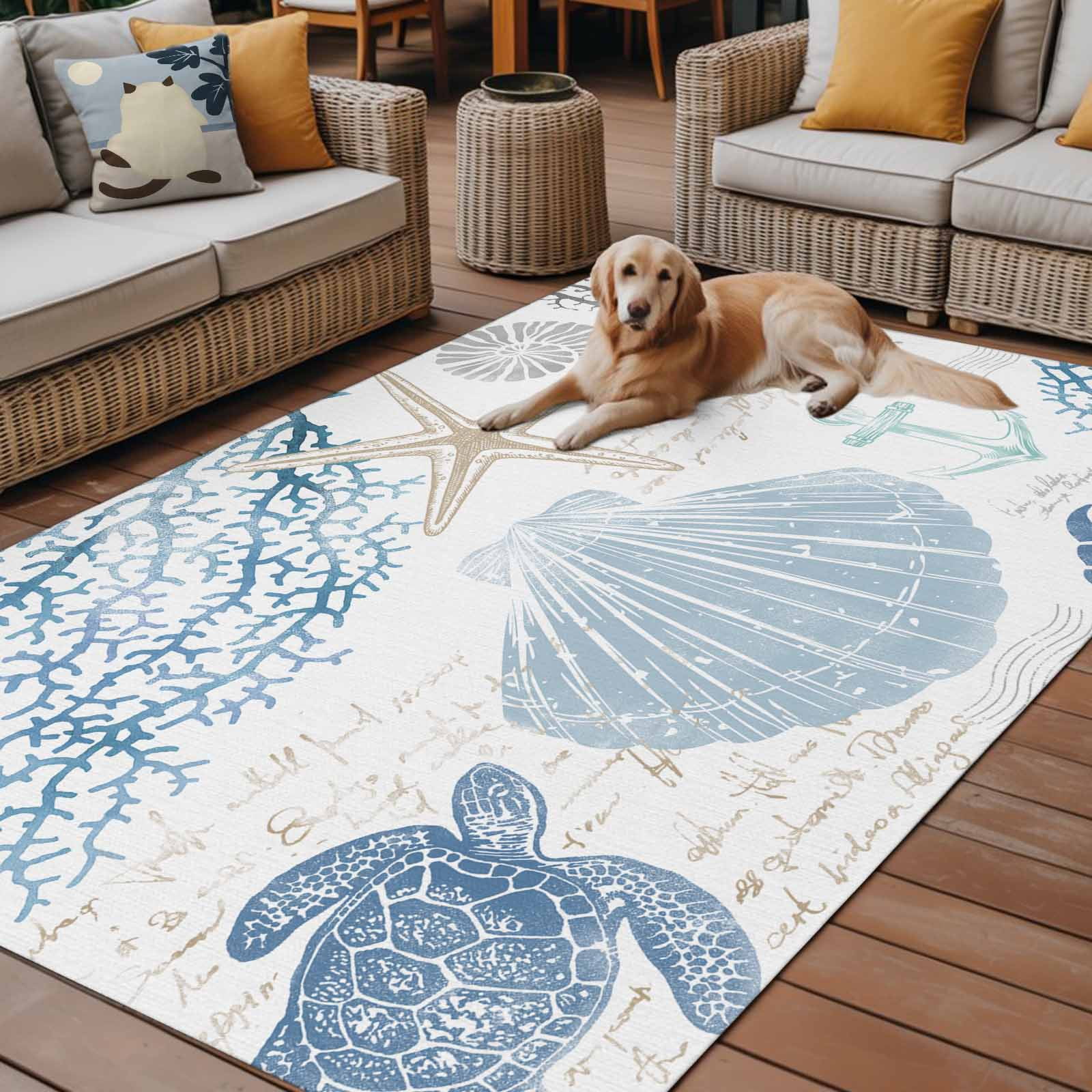 Outdoor Rug 6x9 ft Blue Coastal Ocean Beach Themed Waterproof Outdoor Patio Rug Mat Non Slip Outside Area Rugs Carpet for RV,Camping,Porch,Deck,Pool,Balconybackyard,Sea Turtle Starfish Shell