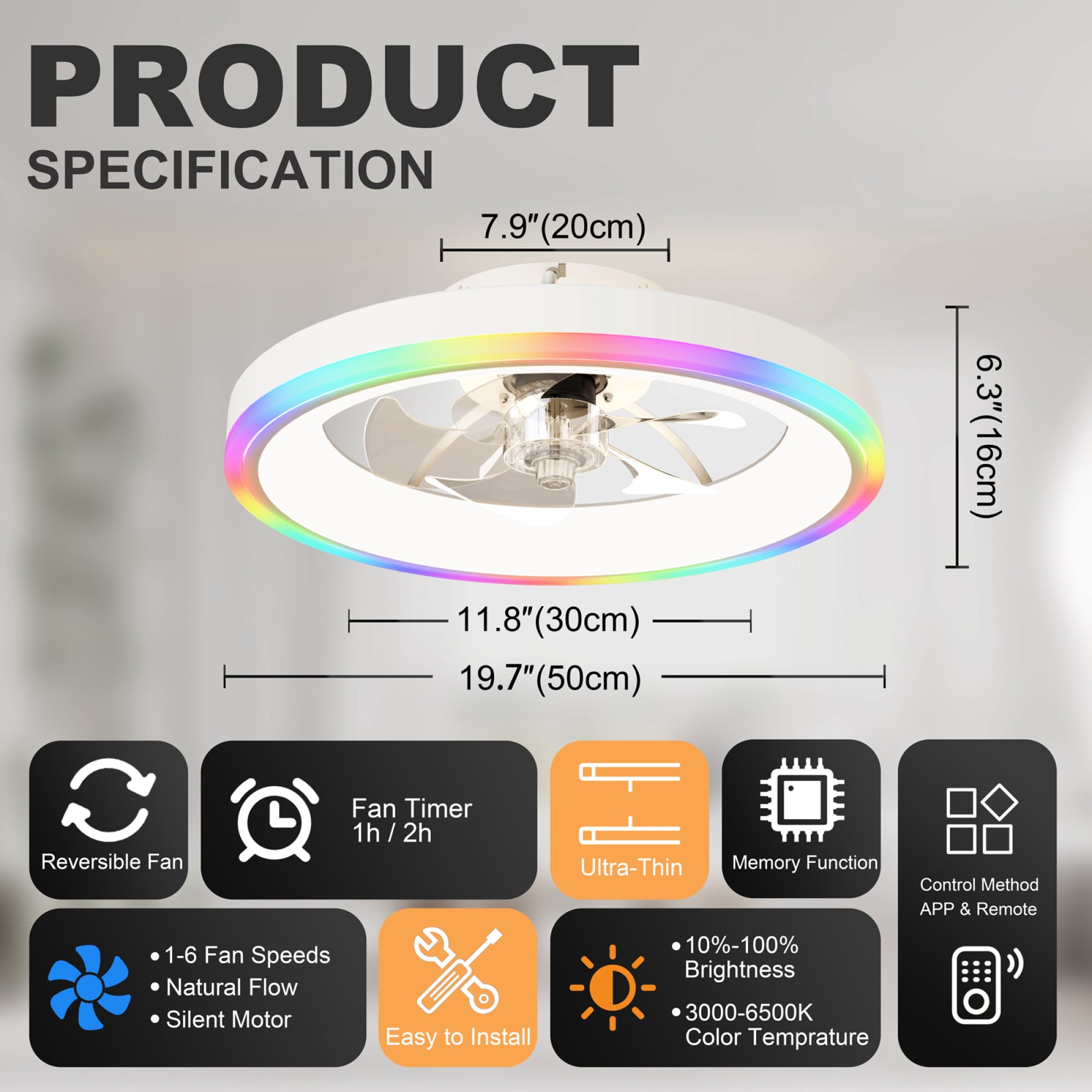 Leumius 19.7" Modern RGB Ceiling Fan with Lights, Flush Mount Low Profile Fan with Remote & APP, 6-Speed Reversible Silent DC Motor, Dimmable 3000-6500K LED for Bedroom Living Room White