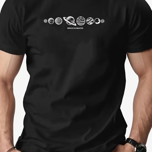 A Round-Neck Short-Sleeve T-Shirt Featuring a Minimalist Sci-Fi Design on The Front, Showcasing a Theme of The Solar System with Easy Black And White Line Textures, Where The Planets Are Arranged