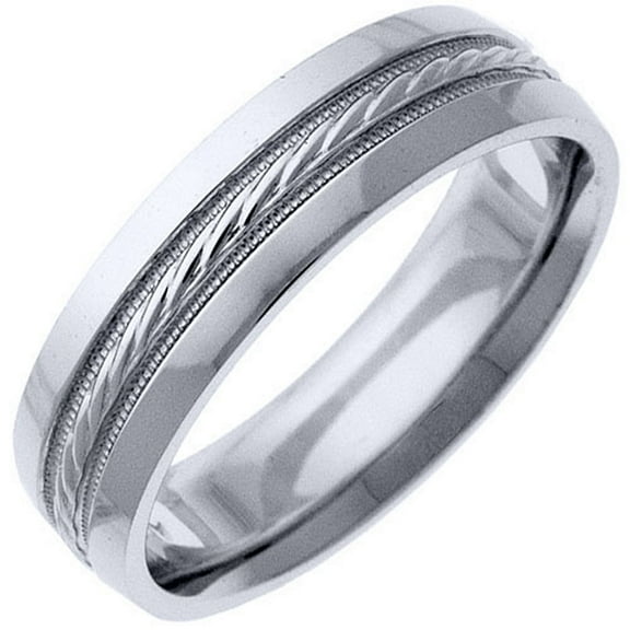 Mens 14KT White Gold 6mm High Gloss Rope Milgrain Comfort Fit Wedding Band