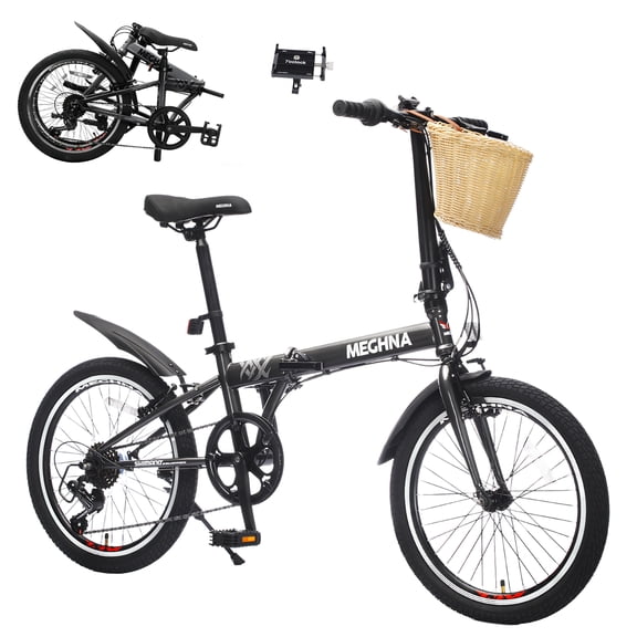 imerelez Urban Commuter Folding Bike 20 Inch Dark Grey, 6-Speed with Basket & Fenders, Portable Steel Frame Bicycle