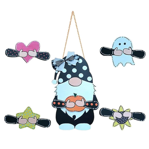 Interchangeable Gnomes Welcome Sign For Front Porch Wooden Door Sign With 4Pcs Seasonal Replaceable Ornaments Rustic Wood Wreaths Wood Hanging Door Sign Winter Home Holiday Door Wall Decoration