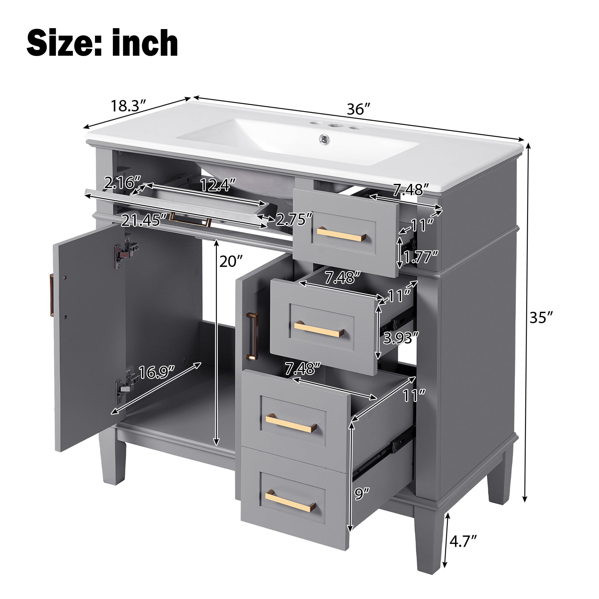 Euroco 36" Bathroom Cabinet with Ceramic Sink, Soft-Close Doors, Golden Handles, Ample Storage, and Overflow Protection