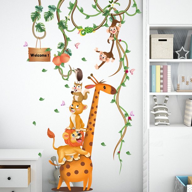 Adhesivo de pared con diseño de mono y jirafa para habitación infantil, 45 x 50 cm