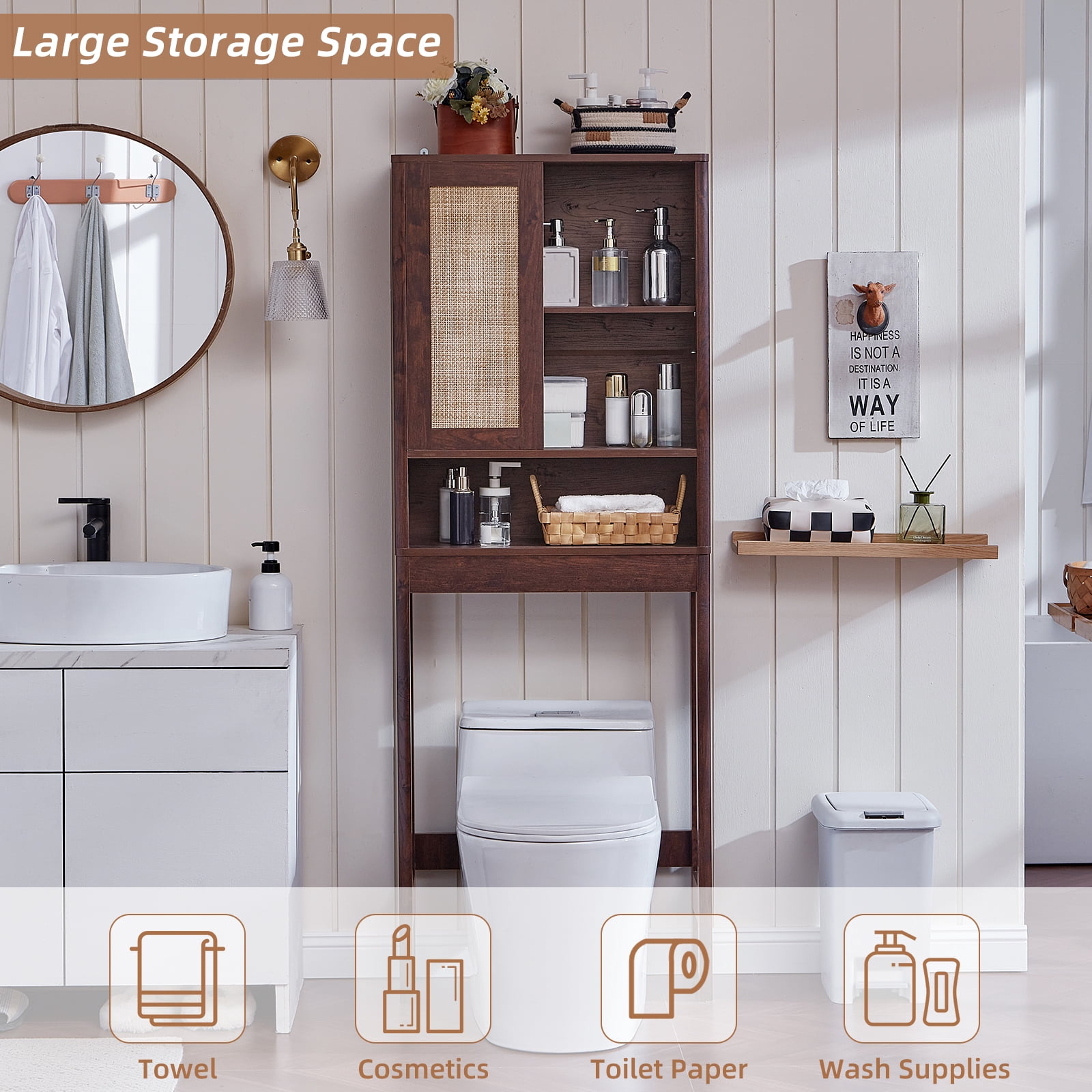 LELELINKY Over The Toilet Storage Cabinet with Rattan Sliding Door, 68" Tall Wood Bathroom Organizer with Adjustable Shelf for Small Spaces, Walnut