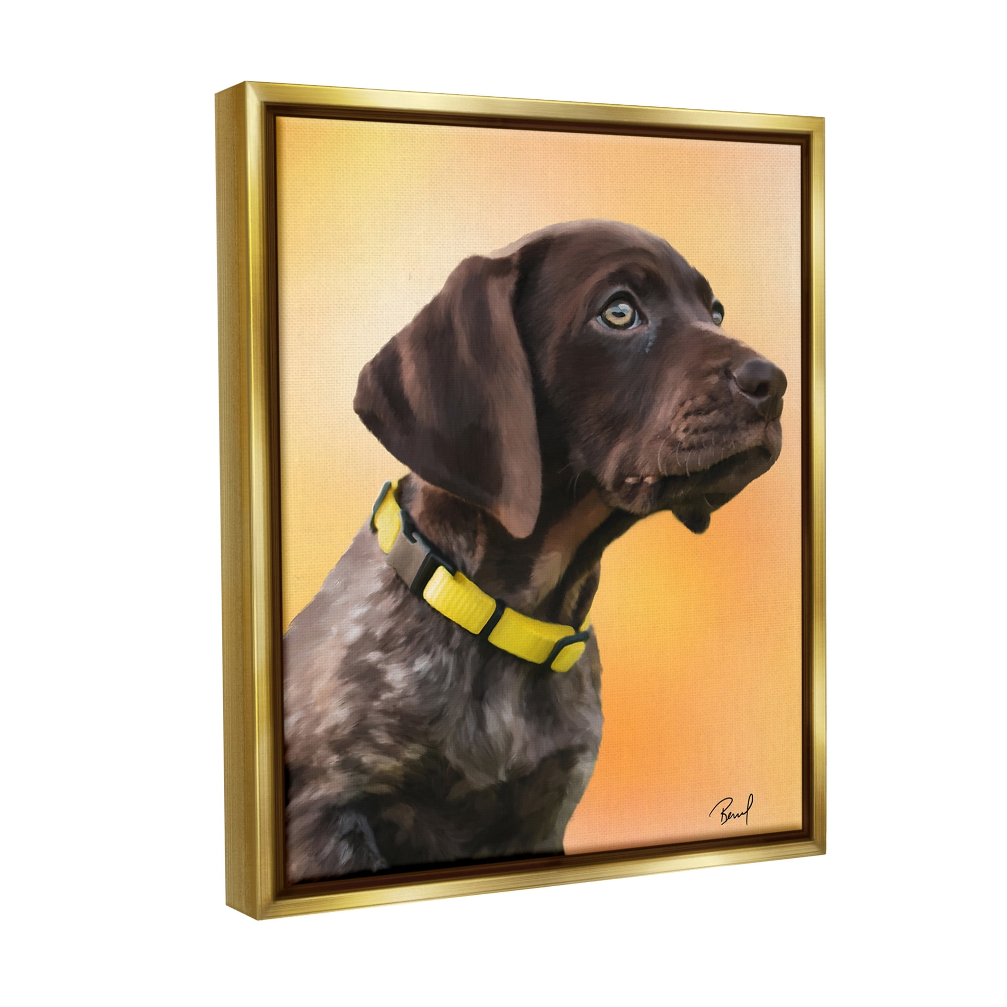 Stupell Industries Lab Puppy on Orange Animals & Insects Painting Gold Floater Framed Canvas Art Print Wall Art, 17 x 21