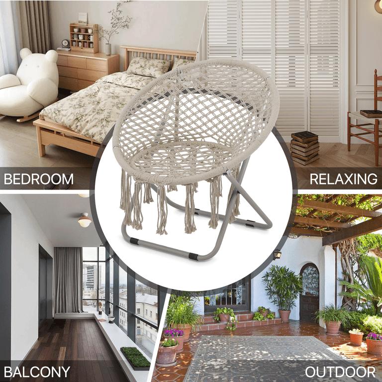 MoNiBloom Folding Boho Saucer Chair, Round Cozy Moon Chair with