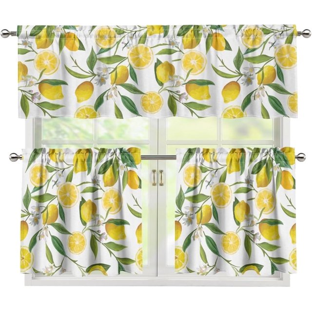 Tropical Lemon Kitchen Curtains and Valances 3 Piece Set,Valance Curtains for Kitchen Windows Kitchen Curtains Tiers and Valances for Cafe Living Room Window Decoration