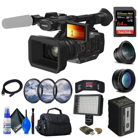 Panasonic HC-X20 4K Mobile Camcorder with Rich Connectivity (HC-X20) + 64GB Memory Card + Filter Kit + Wide Angle Lens + Bag + LED Light + Telephoto Lens + Card Reader + Memory Wallet + More