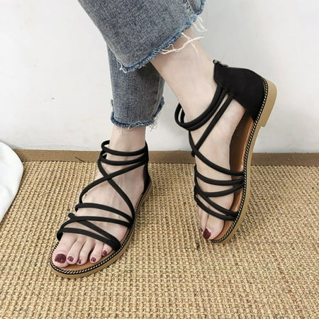 

uikmnh Women Shoes Spring And Summer Fashion Women Sandals Flat Roman Style Comfortable Casual Beach Shoes Black 7