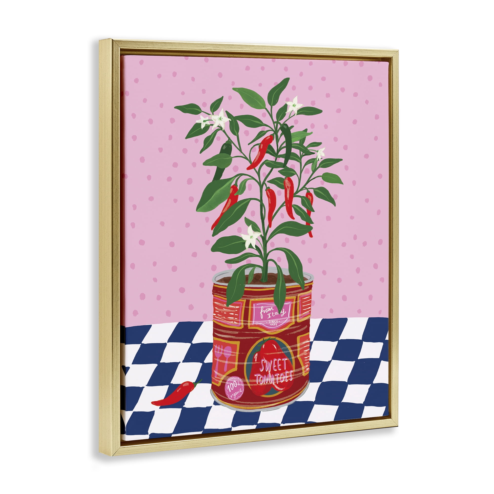 Stupell Industries Pepper Plant in Tin Food & Beverage Painting Gold Floater Framed Canvas Art Print Wall Art, 17 x 21