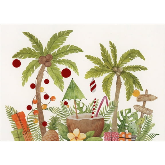 Red Farm Studios Palm Trees, Pineapple, Flowers and Tropical Drink in Coconut Shell Box of 15 Warm Weather Christmas Cards