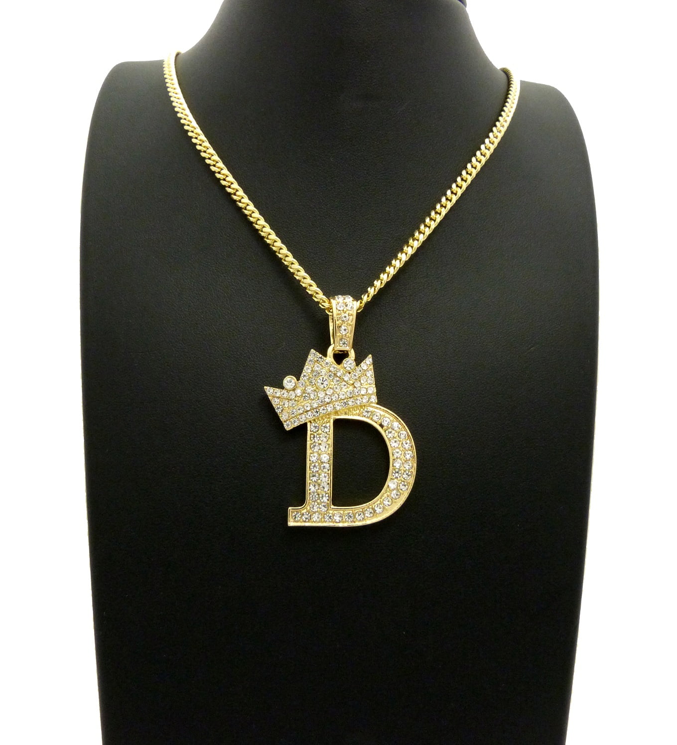 Stone Stud Allover Tilted Crown Initial D Pendant w/ 3mm 24" Cuban Chain Necklace, Gold-Tone