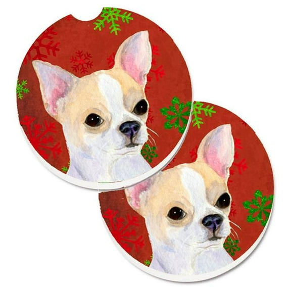 Chihuahua Red & Green Snowflakes Holiday Christmas Set of 2 Cup Holder Car Coaster