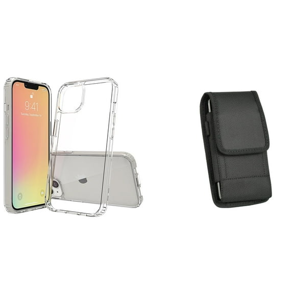Bemz Case and Pouch Bundle for iPhone 14: Fusion Protector Slim Case (Transparent Clear) and Vertical Nylon Belt Holster