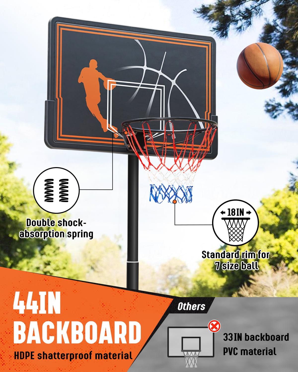 SERAY Basketball Hoop with 44 inch Backboard and 2 Wheels, Basketball Hoop Outdoor 3.8-10 feet Adjustable Height for Kids/Adults Outdoor/Indoor Sports