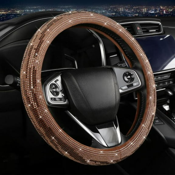 Bling Rhinestone Steering Wheel Cover, Sparkling Anti-Slip Auto Car Interior Accessories, Universal 15 Inch Steering Wheel Covers, Coffee