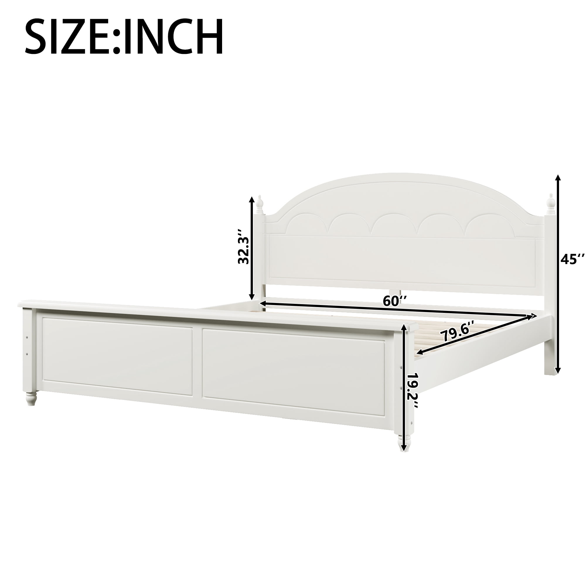 Alvantor Queen Bed Frame, Wooden Bed with Arched Headboard Classic Design, White