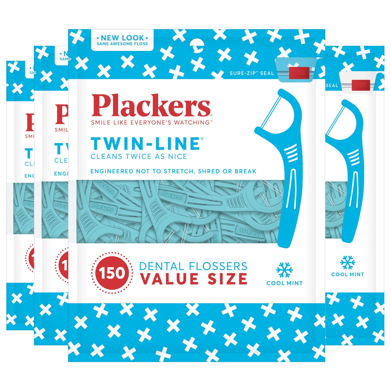 Plackers Twin-Line Dental Flossers, Dual Action Flossing System, Easy Storage, Super Tuffloss, 2X The Clean, Cool Mint Flavor, 150 Count(Pack of 4)
