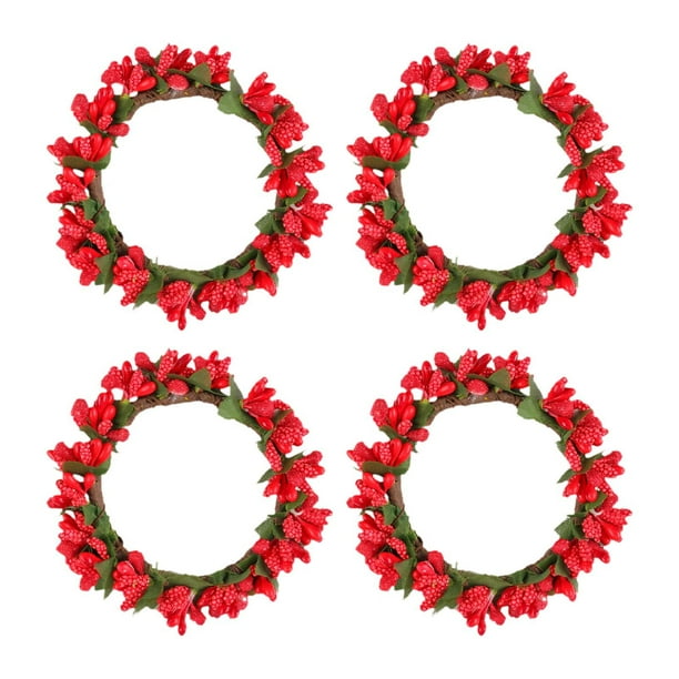 4 anillos para velas, portavelas de pilar, guirnalda de bayas, anillo de vela, corona de velas pequeña para el día de San Valentín y Acción de Gracias Rojo