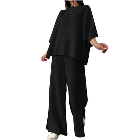 

EQWLJWE Women s Cotton Linen Lounge Set Short Sleeve Top Pajamas Wide Leg Pants Loungewear Outfits Pocket