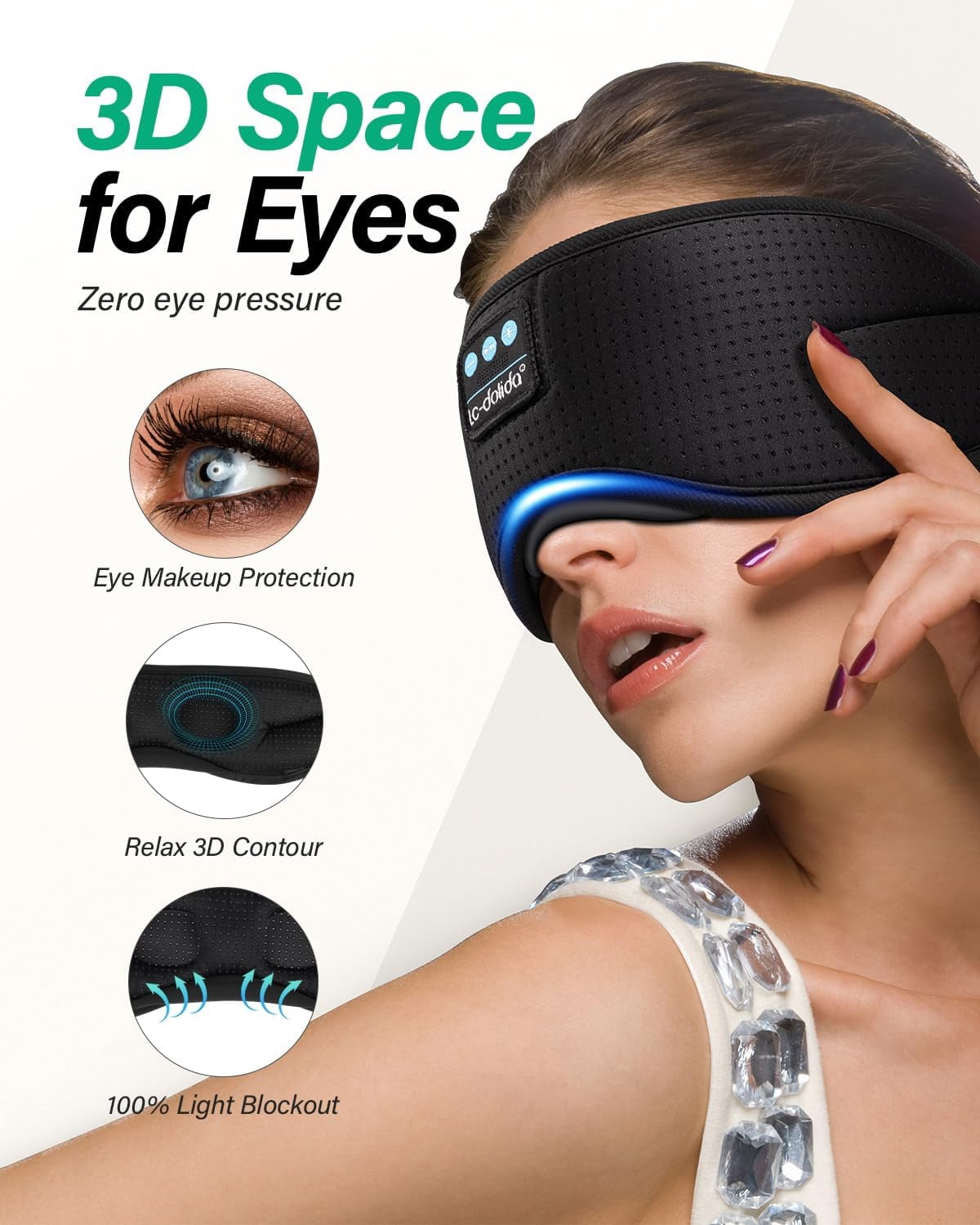 LC-dolida Sleep Headphones, White Noise Bluetooth Sleep Mask 3D Wireless Eye Mask Sleeping Headphones, Sleep Mask with Bluetooth Headphones for Side Sleepers Travel Yoga, Cool Gifts