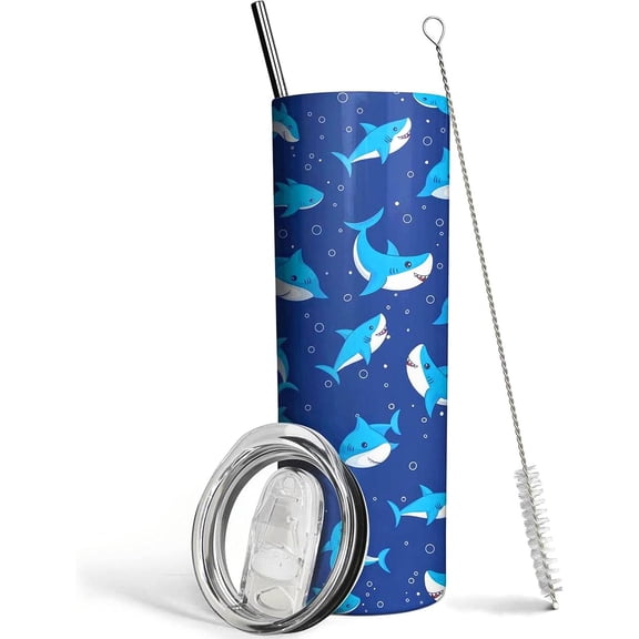 Shark Tumbler with Lid and Straw- Shark Gifts for Shark Lovers Women, Men -Blue Cute Sharks Cup, Water Bottle, Coffee Mug, Skinny Tumbler - Thermal Insulated Tumblers 20 Oz - Shark Stuff Decor