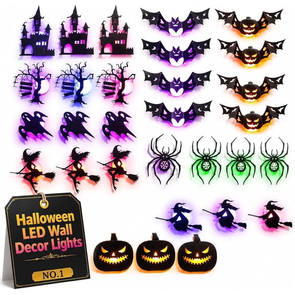 30PCS 3D Halloween LED Silhouette Wall Light Stickers, 9 Designs with Bat Ghost Witch Spider Tree Colorful Glowing Decorations for Indoor Bedroom Living Room Party Home Seasonal Display