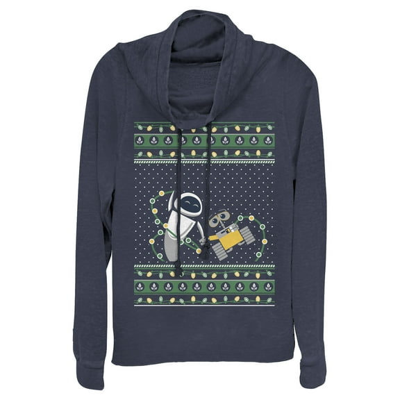 Junior's Wall-E Ugly Christmas Robots Cowl Neck Sweatshirt Navy Blue Medium
